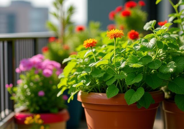 Close-up photo of healthy plants growing in various containers on a balcony